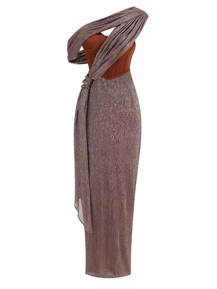 Sexy bronze formal dress for women – CAIRA Gown with shimmer fabric, open back and elegant silhouette

