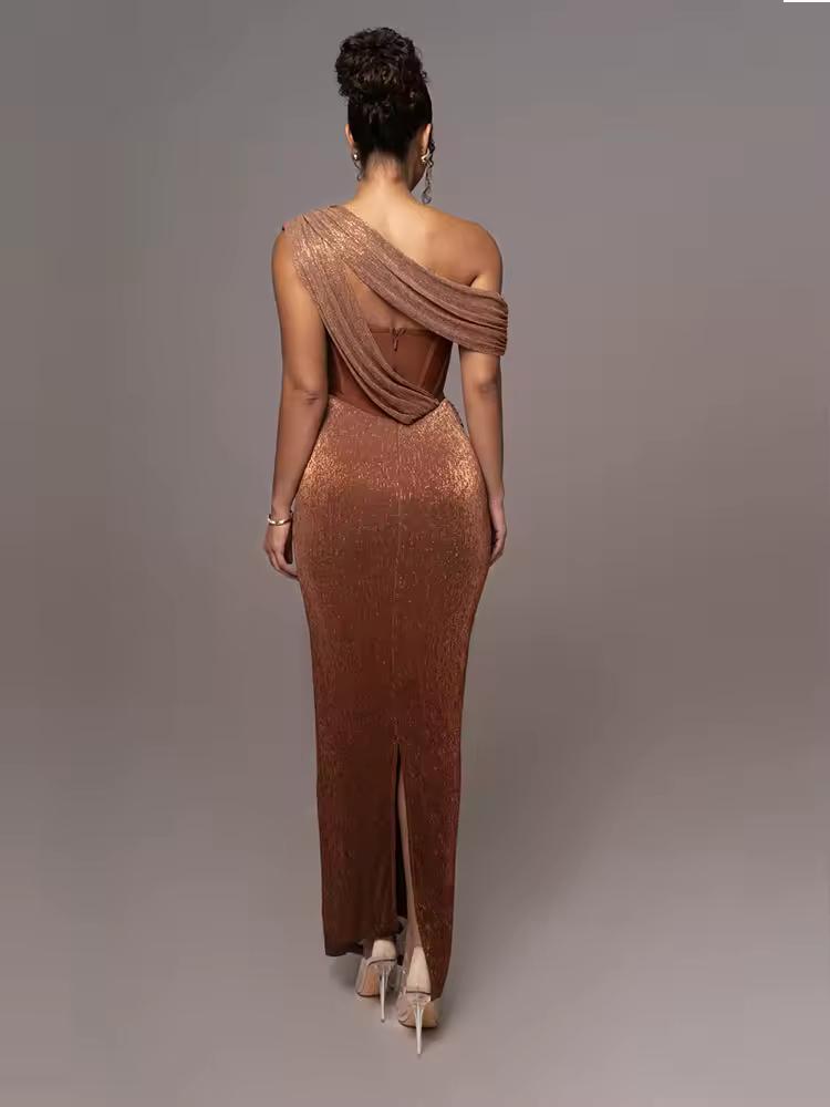 Sexy bronze formal dress for women – CAIRA Gown with shimmer fabric, open back and elegant silhouette
