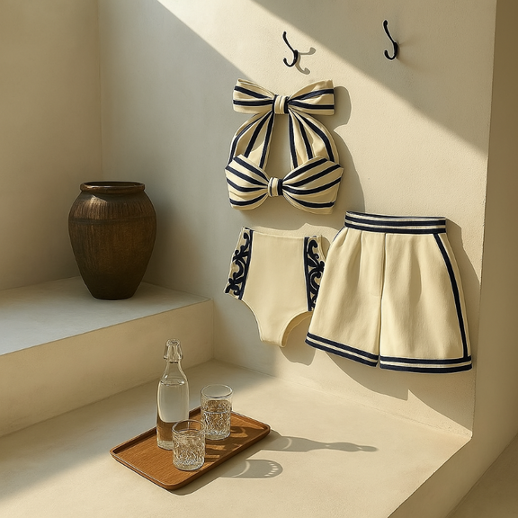 Three-piece swimsuit set with shorts and bow bikini top – Capri Mare collection