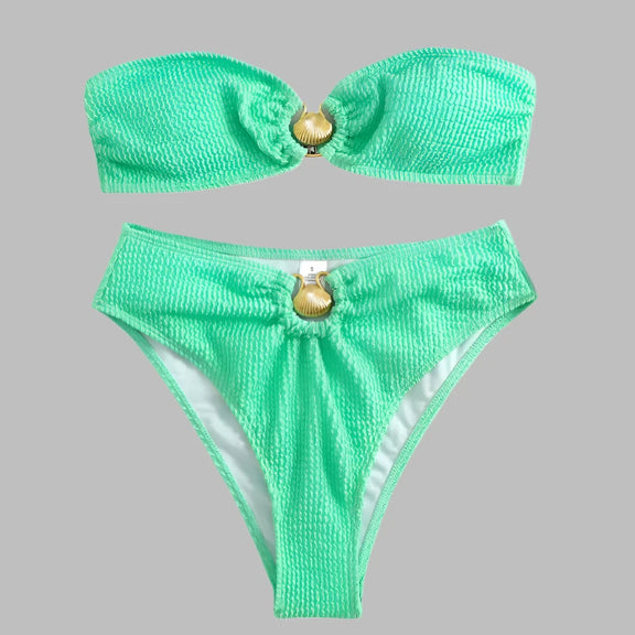 Luxury bikini in mint with gold shell clasp, bandeau cut, and ribbed fabric.