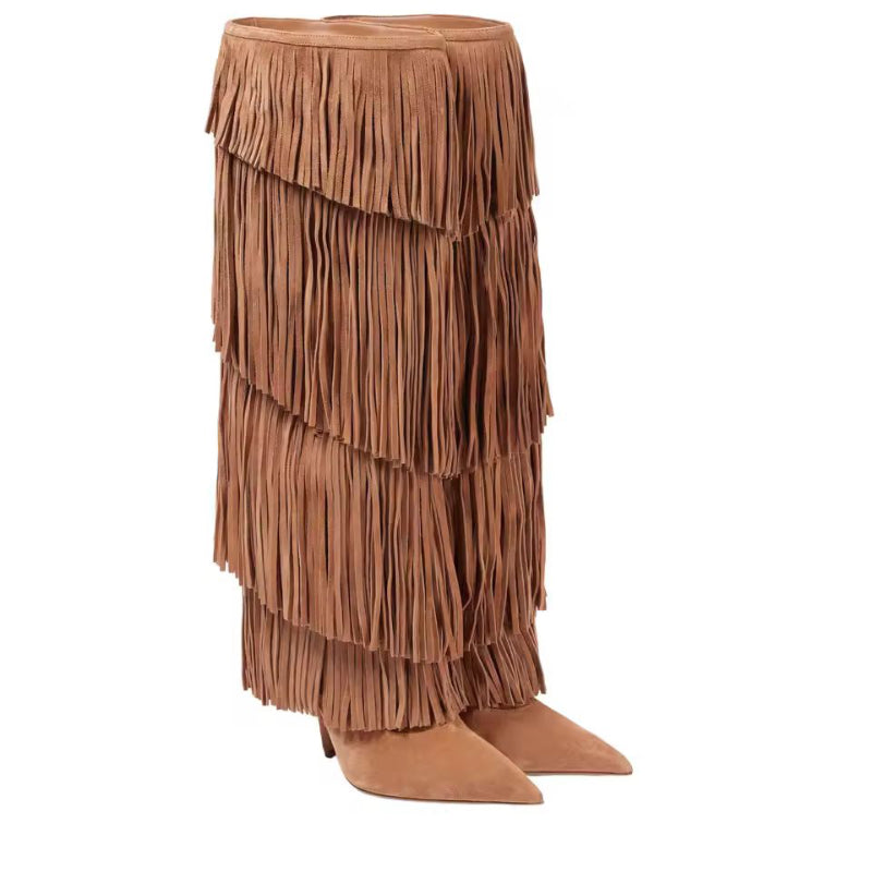 CAVALLA camel velvet fringe boots with stiletto heel – chic fall and winter outfit inspiration.
