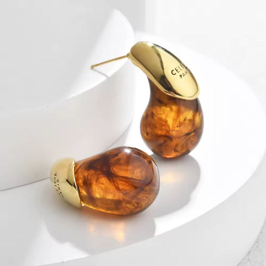 CELISE drop earrings with amber brown resin and gold-plated copper setting – elegant vintage-style statement earrings for women

