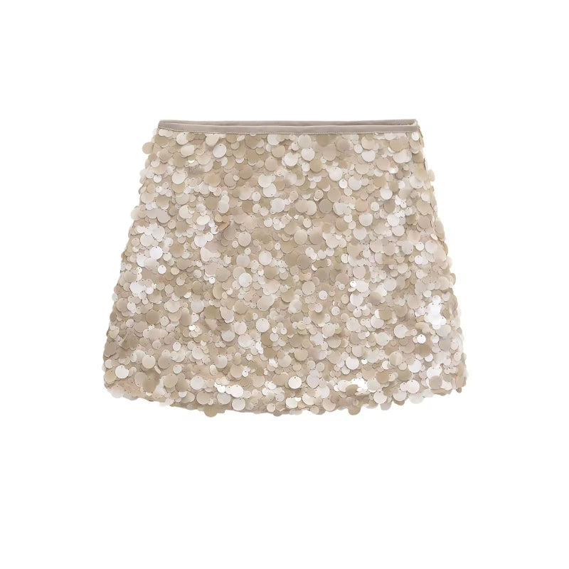 Champagne A-line sequin mini skirt with zipper – elegant women’s party fashion
