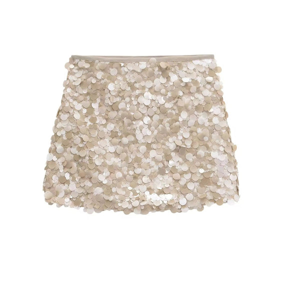 Beige sparkly mini skirt for women with large sequins – festive and glamorous style
