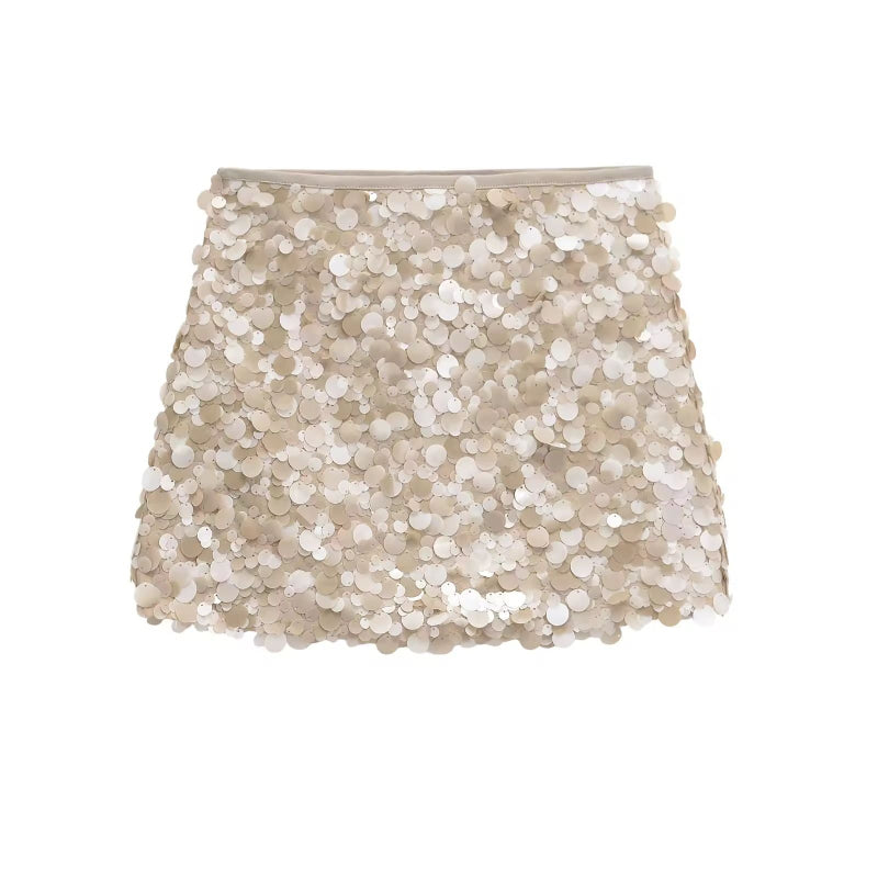 Beige sparkly mini skirt for women with large sequins – festive and glamorous style
