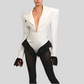 Chic ruffled blazer bodysuit with stylish lapel collar and long sleeves, perfect for modern women.
