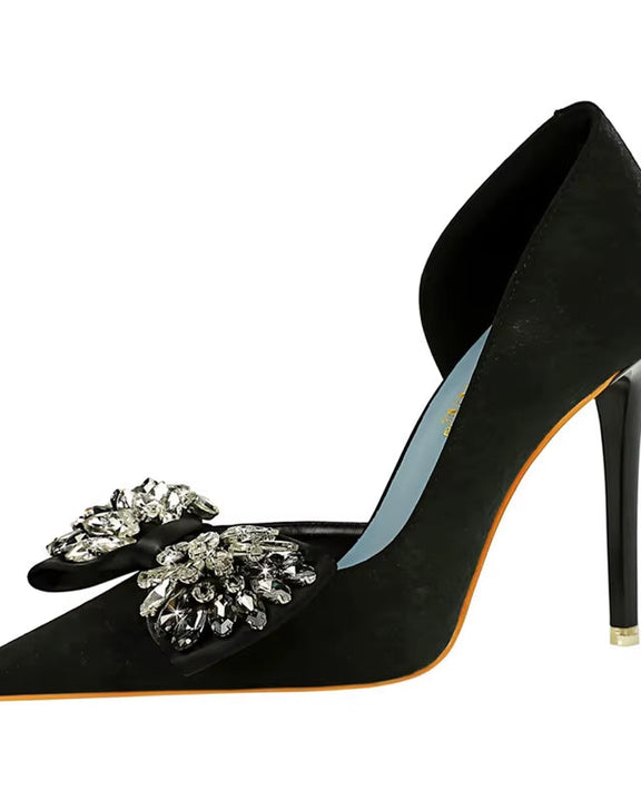 Chic rhinestone pumps with bow detail, stylish shoes for parties and formal events.