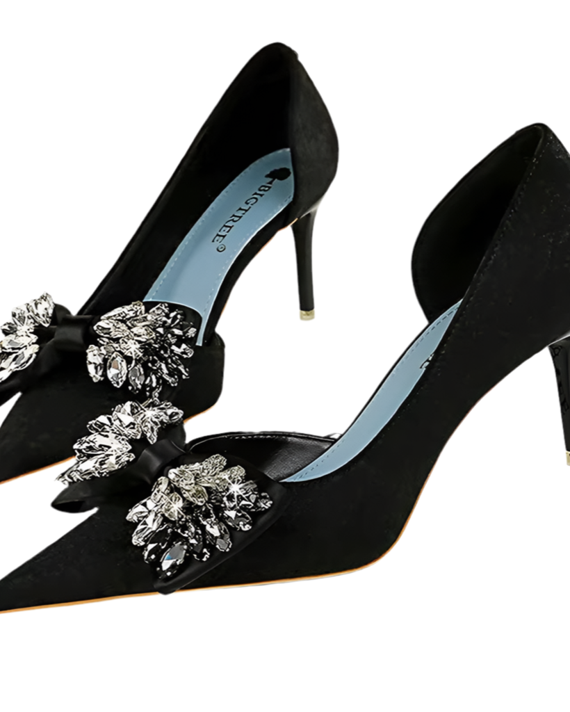 Chic rhinestone pumps with bow detail, stylish shoes for parties and formal events.