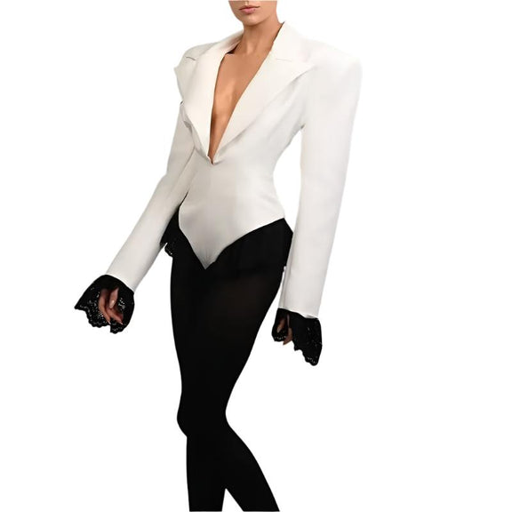 Chic ruffled blazer bodysuit with stylish lapel collar and long sleeves, perfect for modern women.

