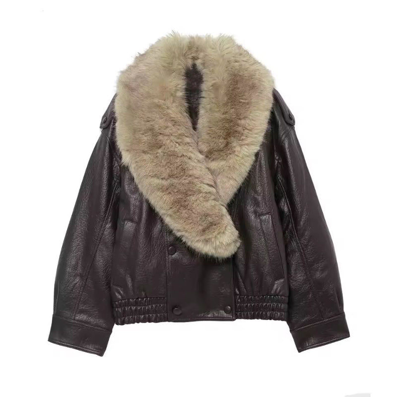 City Glam Winter Jacket in brown – faux leather women’s winter jacket with detachable faux fur collar front view
