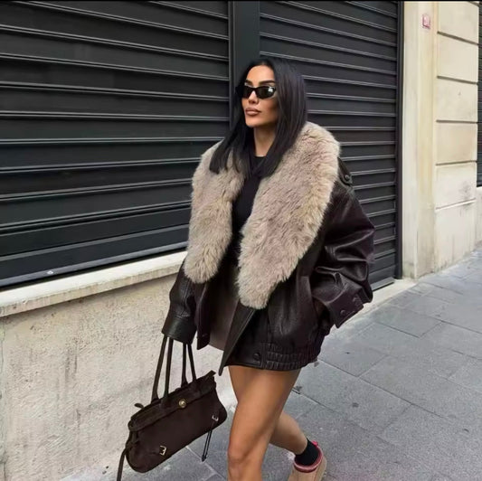 City Glam Winter Jacket in brown – faux leather women’s winter jacket with detachable faux fur collar front view
