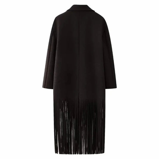 Close-up of Cléa Coat – fringe hem detail on women’s trenchcoat, Chic & Charm fashion