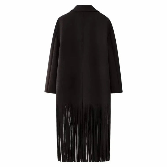 Close-up of Cléa Coat – fringe hem detail on women’s trenchcoat, Chic & Charm fashion