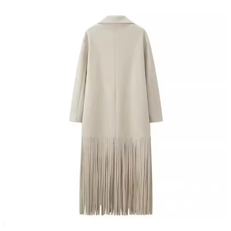 Cléa Coat – women’s trenchcoat with fringe hem, mid-length black polyester coat, Chic & Charm