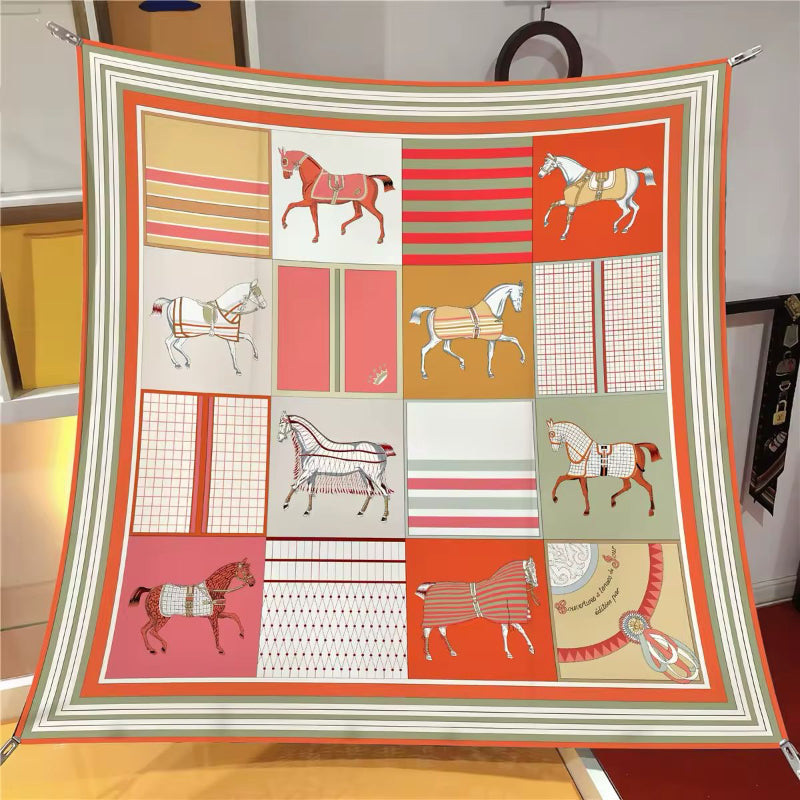 Equina Scarf – 90×90 Twill Silk Square Scarf with Equestrian Print in Orange, Pink & Blue