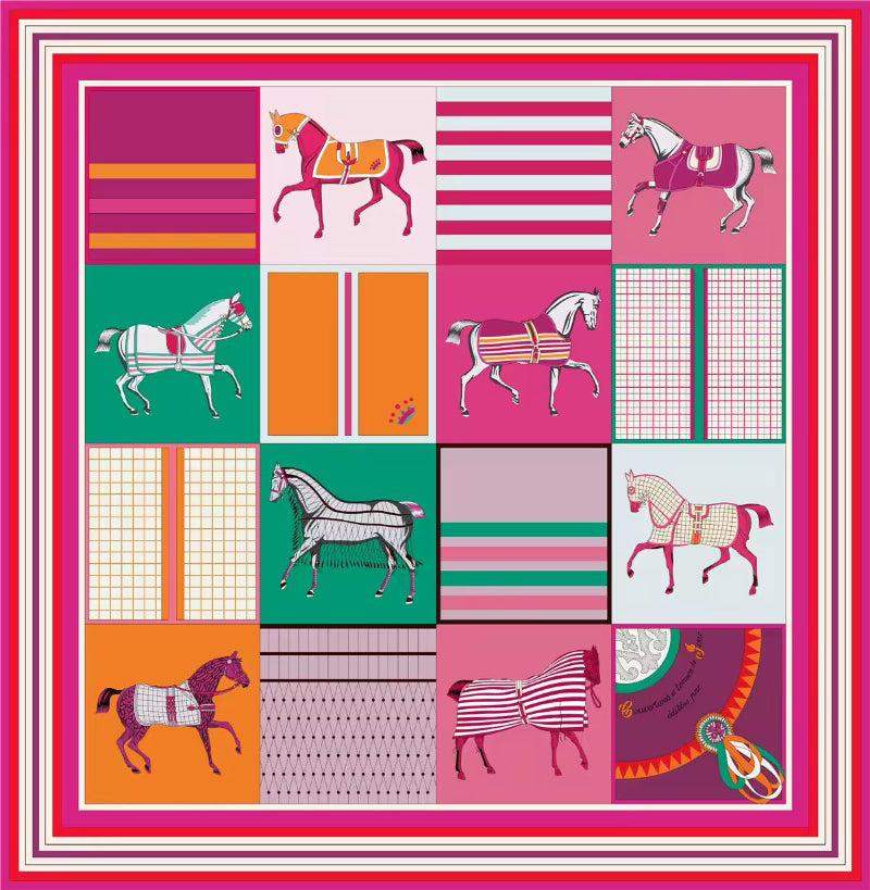 Pink variation of square silk scarf styled as hijab – 90x90 designer accessory
