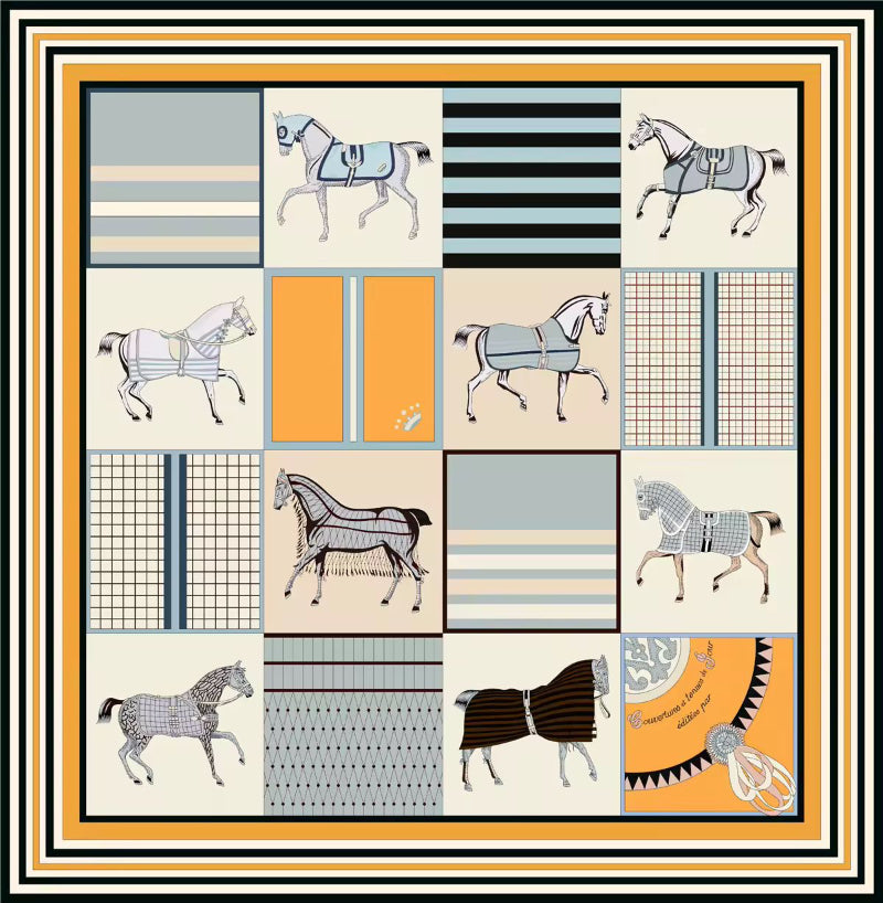 Twill silk scarf close-up – premium equestrian print with smooth glossy texture
