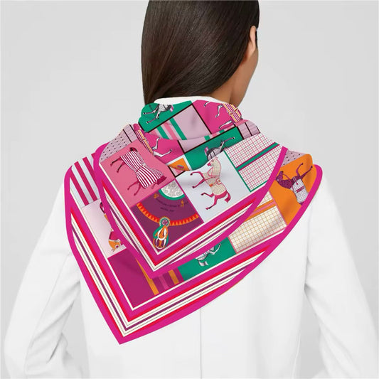 Pink variation of square silk scarf styled as hijab – 90x90 designer accessory
