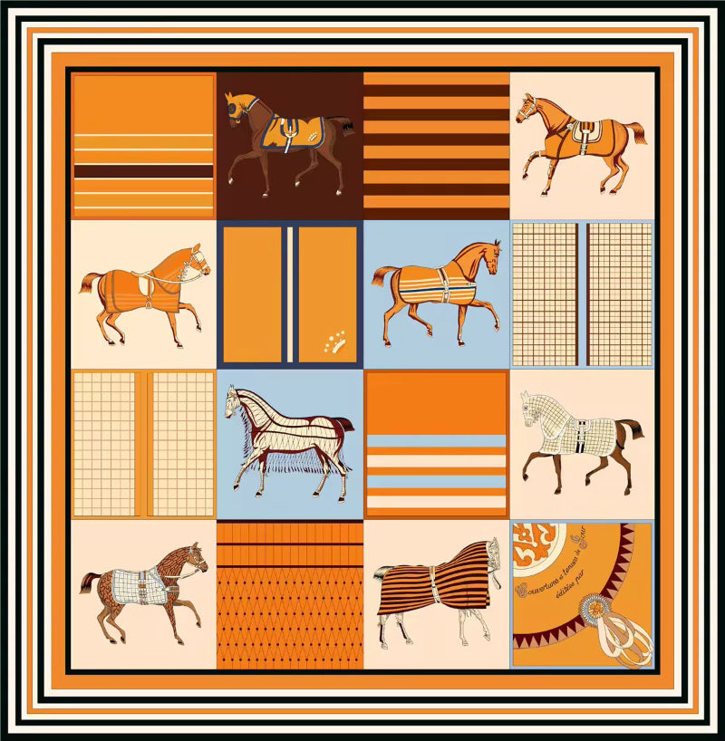 Equina Scarf – 90×90 Twill Silk Square Scarf with Equestrian Print in Orange, Pink & Blue