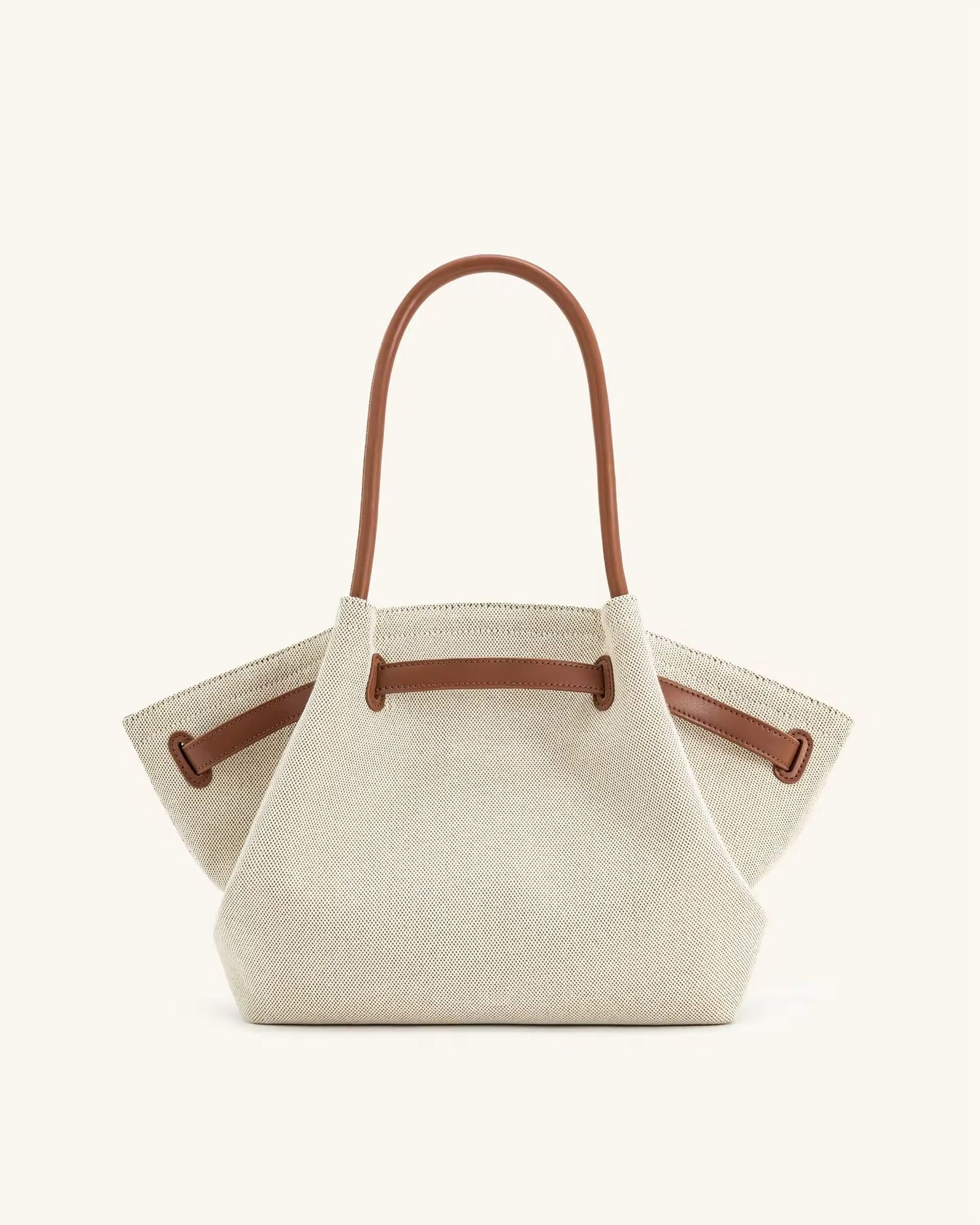 Toscana Tote front view – cream canvas bag with tan leather-look handles
