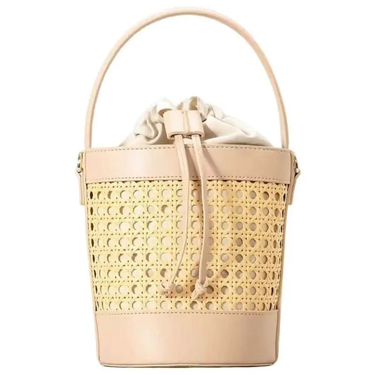 Close-up of the CORA Bag’s premium PU leather accents and handwoven rattan texture – elegant craftsmanship meets natural style.
