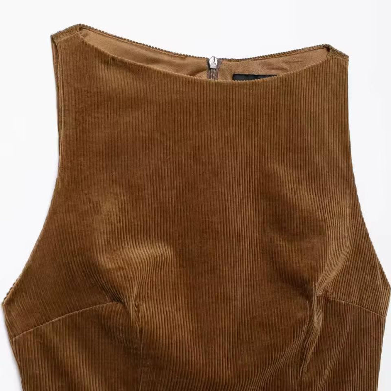 Corduroy fabric close-up – brown women’s mini dress Liora casual chic textured cord dress 2025