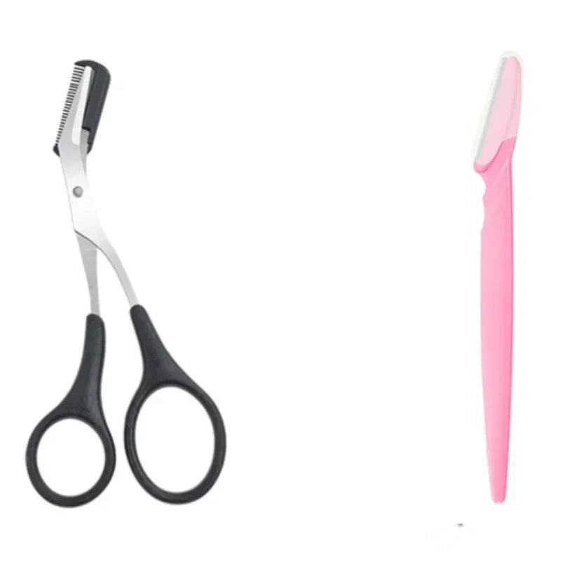 High-Quality Eyebrow Trimming Set with Curved Razor and Scissors in Various Colors - Perfect for Precision Grooming