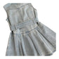 DenimElegance dress with gold-tone buttons, pleated skirt, collar, waist belt, and cotton-polyester blend.