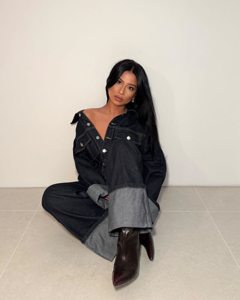 Modern Elegant fall outfit for women, blue jacket, jeans and boots from Chic & Charm Fall Elegance Collection.