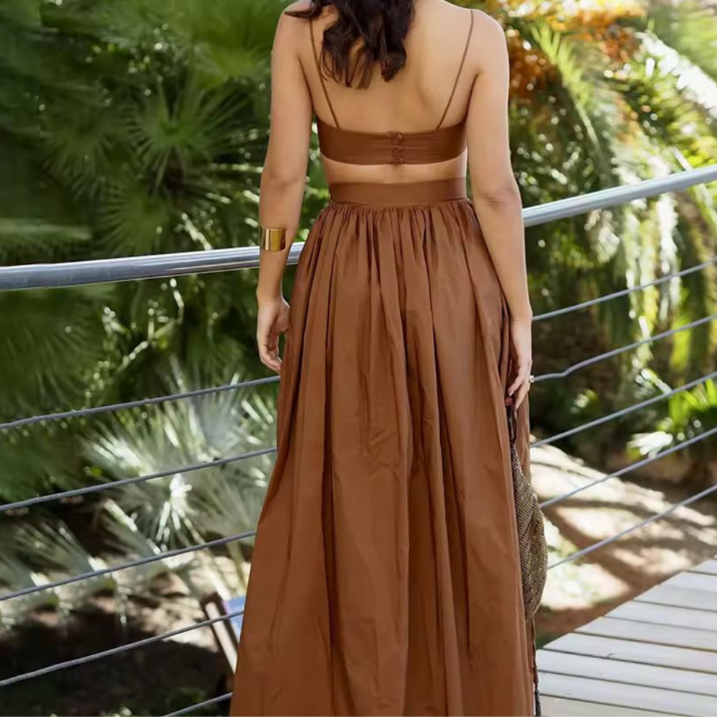 Dessert Linen women’s 2-piece summer set in nougat brown – breathable cotton-linen with maxi skirt and spaghetti strap crop top, boho chic look
