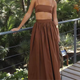 Dessert Linen women’s 2-piece summer set in nougat brown – breathable cotton-linen with maxi skirt and spaghetti strap crop top, boho chic look
