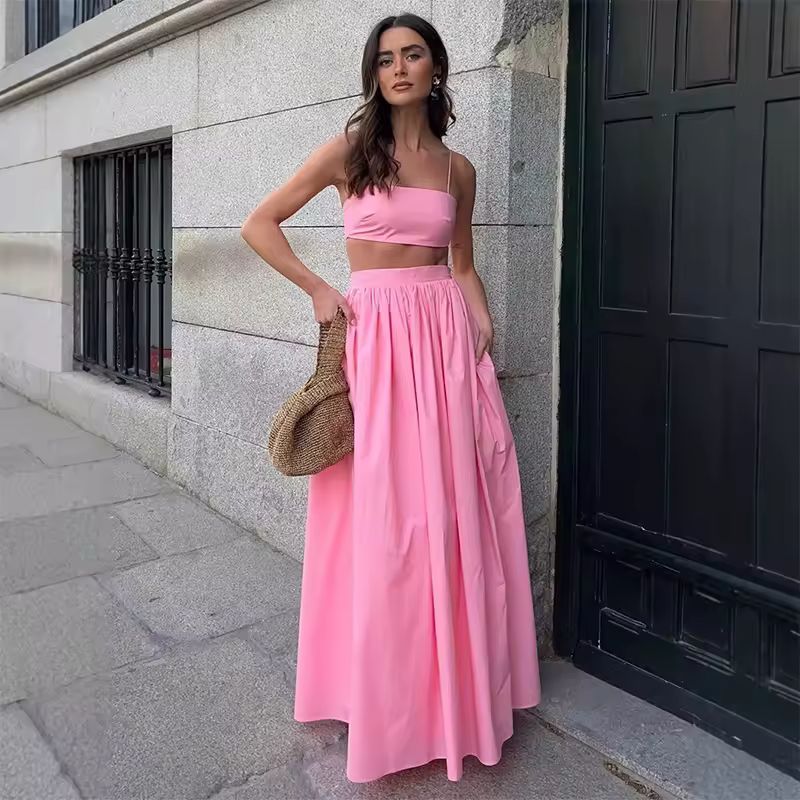 Blush pink Dessert Linen set – soft and feminine 2-piece cotton-linen outfit with flowing maxi skirt and delicate strap top for summer days
