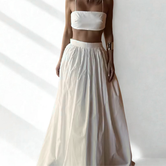 Dessert Linen two-piece outfit in vanilla white – airy cotton-linen set for women with flowy maxi skirt and minimal top, perfect for warm days
