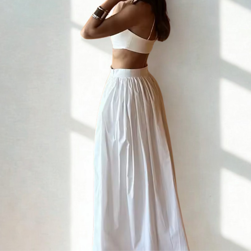 Dessert Linen two-piece outfit in vanilla white – airy cotton-linen set for women with flowy maxi skirt and minimal top, perfect for warm days
