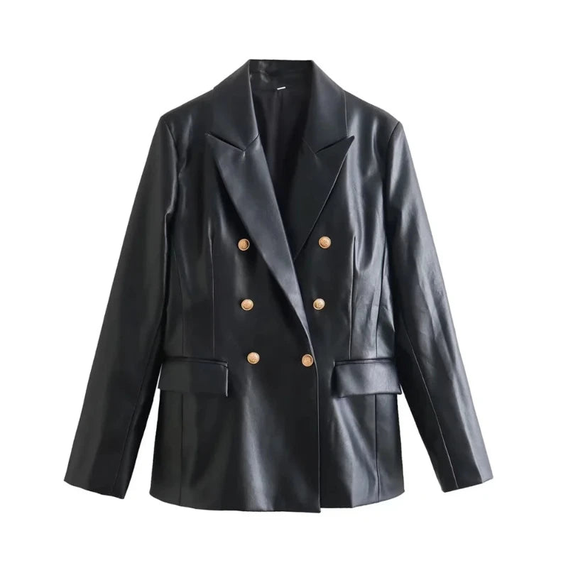 Elegant double-breasted PU leather blazer for women in black with gold buttons and notched lapels.