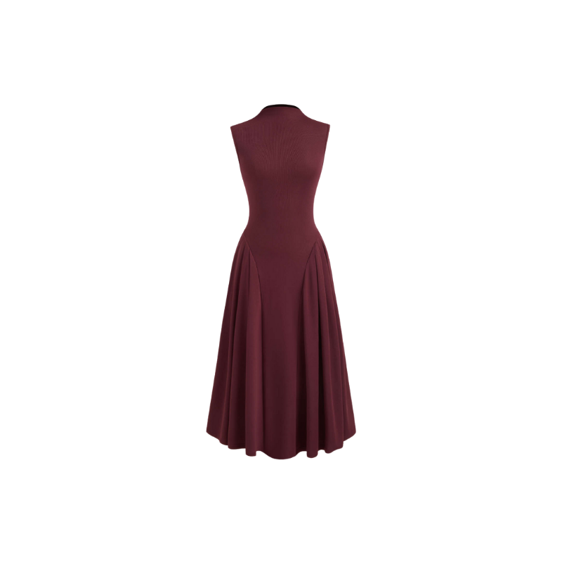 Sleeveless women’s midi dress in black or burgundy with high neck, fitted waist and flared skirt made of stretch fabric – elegant dress for office, everyday wear and special occasion