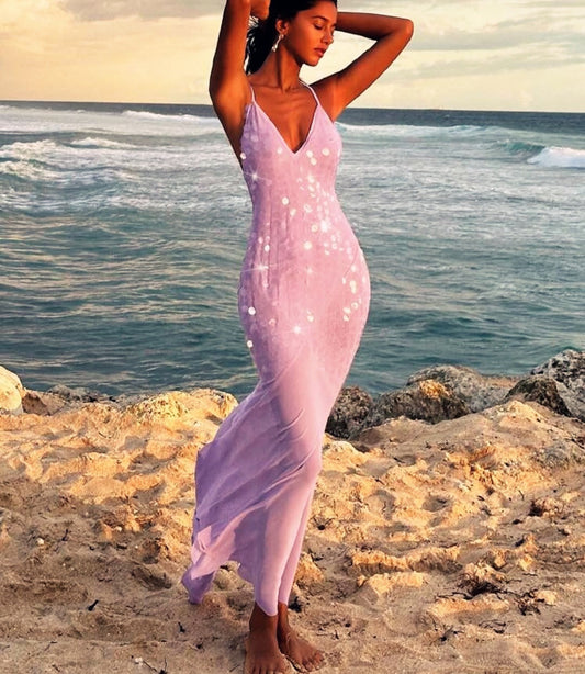 Lilac sequin mermaid evening dress with spaghetti straps and open back – Lisa gown for weddings, summer events, and formal occasions.
