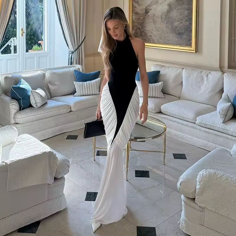 Figure-hugging formal dress with side draping – long black and white event dress for women
