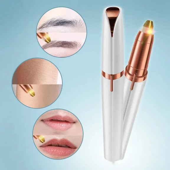 Electric eyebrow trimmer with 18K gold plated head, hypoallergenic design, built-in LED light, and portable for easy hair removal anywhere.