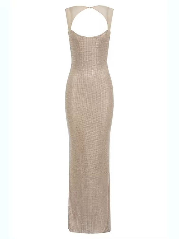 Luxury champagne sequin maxi dress with open back – French-inspired sparkle gown for gala night or elegant birthday party.