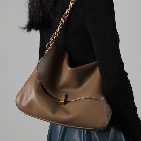 ÉLAN bag – real leather, gold chain, taupe or black, handcrafted, elegant shoulder bag 2025.