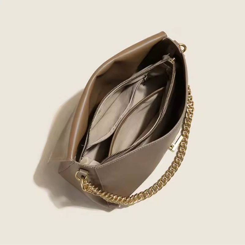 ÉLAN leather shoulder bag with gold chain, handcrafted from genuine cowhide, available in taupe and black – timeless designer handbag 2025.
