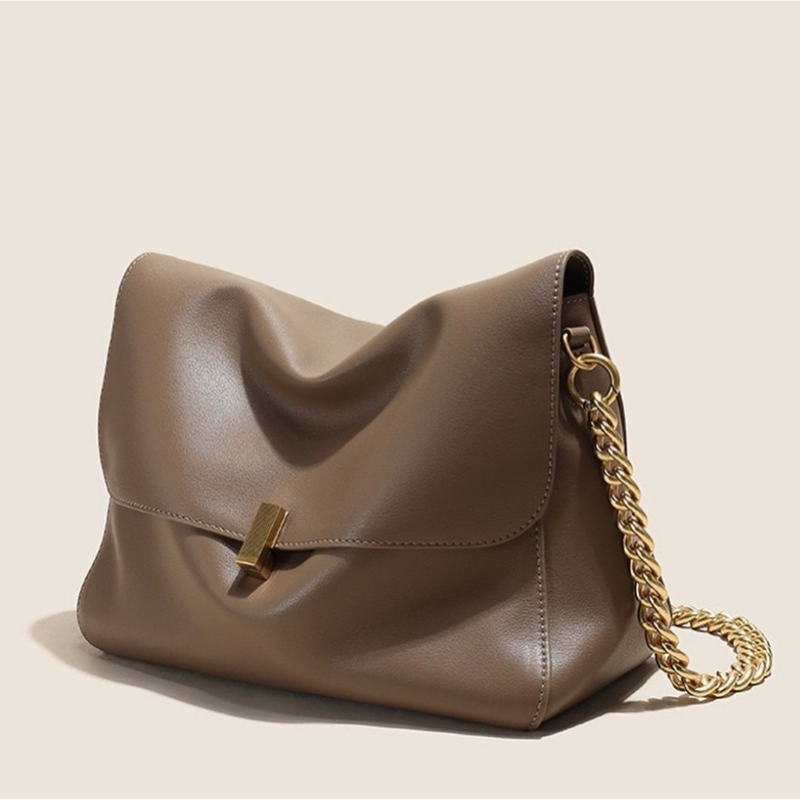 ÉLAN leather shoulder bag with gold chain, handcrafted from genuine cowhide, available in taupe and black – timeless designer handbag 2025.