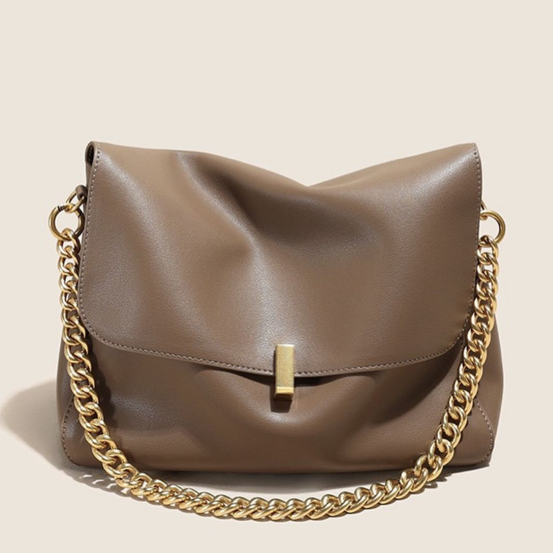 Taupe leather handbag ÉLAN with gold chain strap, handcrafted A-line silhouette, soft cotton lining – luxury everyday shoulder bag.