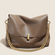 Taupe leather handbag ÉLAN with gold chain strap, handcrafted A-line silhouette, soft cotton lining – luxury everyday shoulder bag.