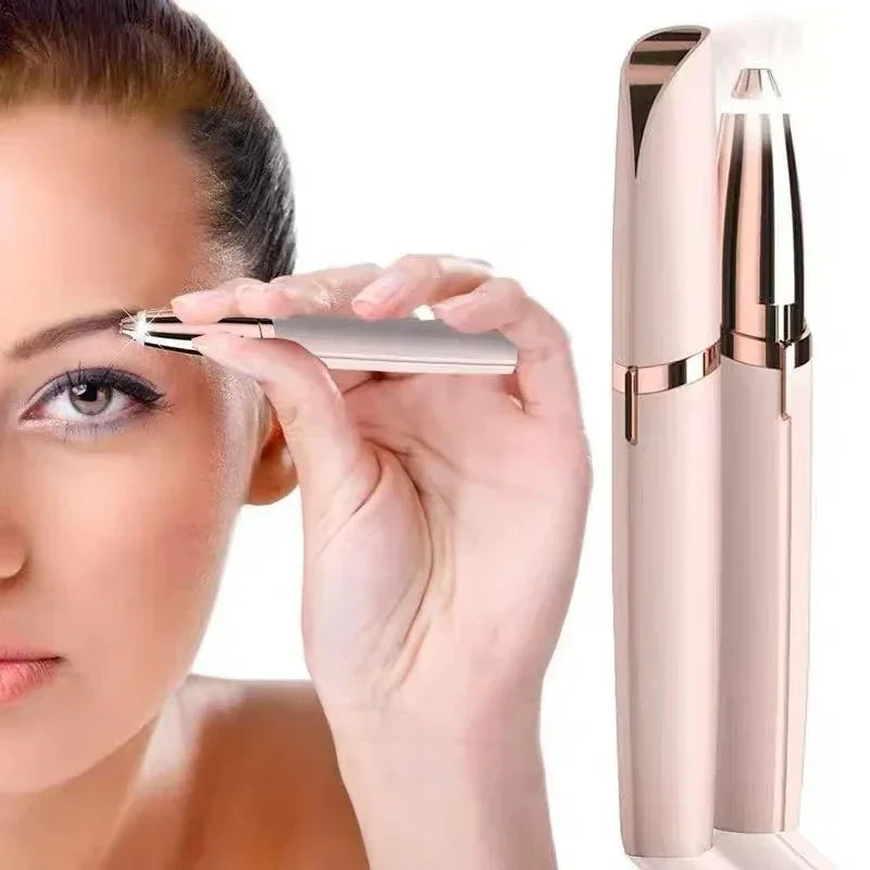 Electric eyebrow trimmer with 18K gold plated head, hypoallergenic design, built-in LED light, and portable for easy hair removal anywhere.