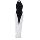 Backless black and white evening gown for women – elegant floor-length formal dress.
