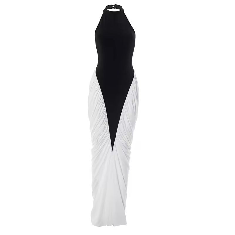 Backless black and white evening gown for women – elegant floor-length formal dress.
