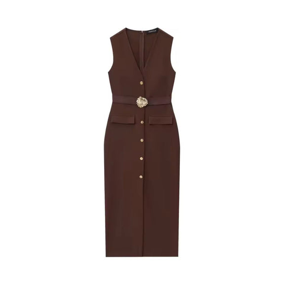 Timeless belted midi dress in brown polyester with gold buttons – sleeveless women’s style
