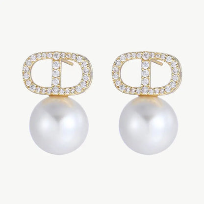 Elegant gold and pearl earrings with zirconia stones, lightweight for all-day wear, ideal for special occasions. Dior Look